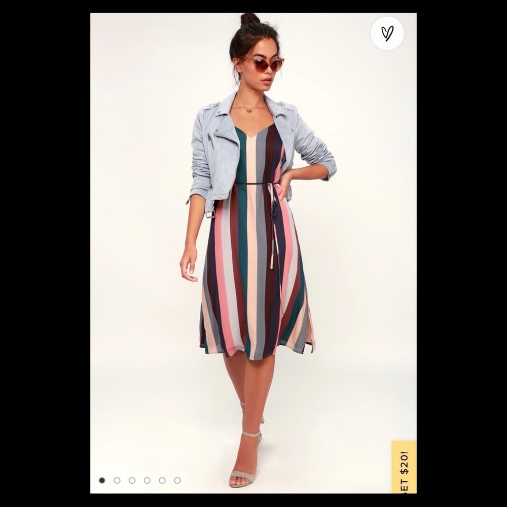 NWT Erina Mauve Multi Stripe Belted Midi Slip Dress